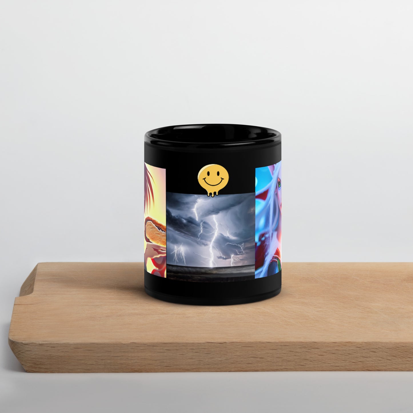 Black Glossy Mug _ Double Anime Happy Smiley Drip